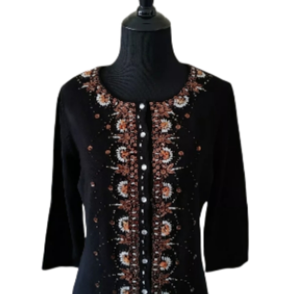 Babette Ballinger Black Cardigan Sweater Pearl Buttons Metal Stone Sequin Art L